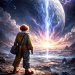 Clown in buntem Kostüm steht auf felsigem, fremdartigem Terrain und blickt auf eine grelle Energieentladung, die vom Boden in den Himmel schießt; darüber dominiert ein riesiger, kraterübersäter Mond den Sternenhimmel. – KI-Symbolbild für die Story