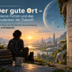 Futuristische, von Natur durchzogene Stadtlandschaft bei Sonnenuntergang mit einer lesenden Person und Katze im Vordergrund – Symbol für Science Fiction und das Neudenken der Zukunft