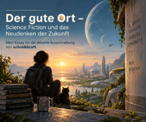 Futuristische, von Natur durchzogene Stadtlandschaft bei Sonnenuntergang mit einer lesenden Person und Katze im Vordergrund – Symbol für Science Fiction und das Neudenken der Zukunft. Symbolbild, generiert mit generativer KI