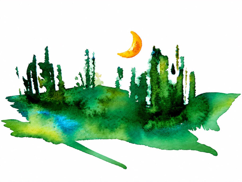  Abstraktes Aquarell von Johann Seidl mit grüner, silhouettenartiger Waldlandschaft und gelb-orangefarbener Mondsichel vor weißem Hintergrund. Aquarell von Johann Seidl.
