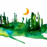 Abstraktes Aquarell von Johann Seidl mit grüner, silhouettenartiger Waldlandschaft und gelb-orangefarbener Mondsichel vor weißem Hintergrund. Aquarell von Johann Seidl.