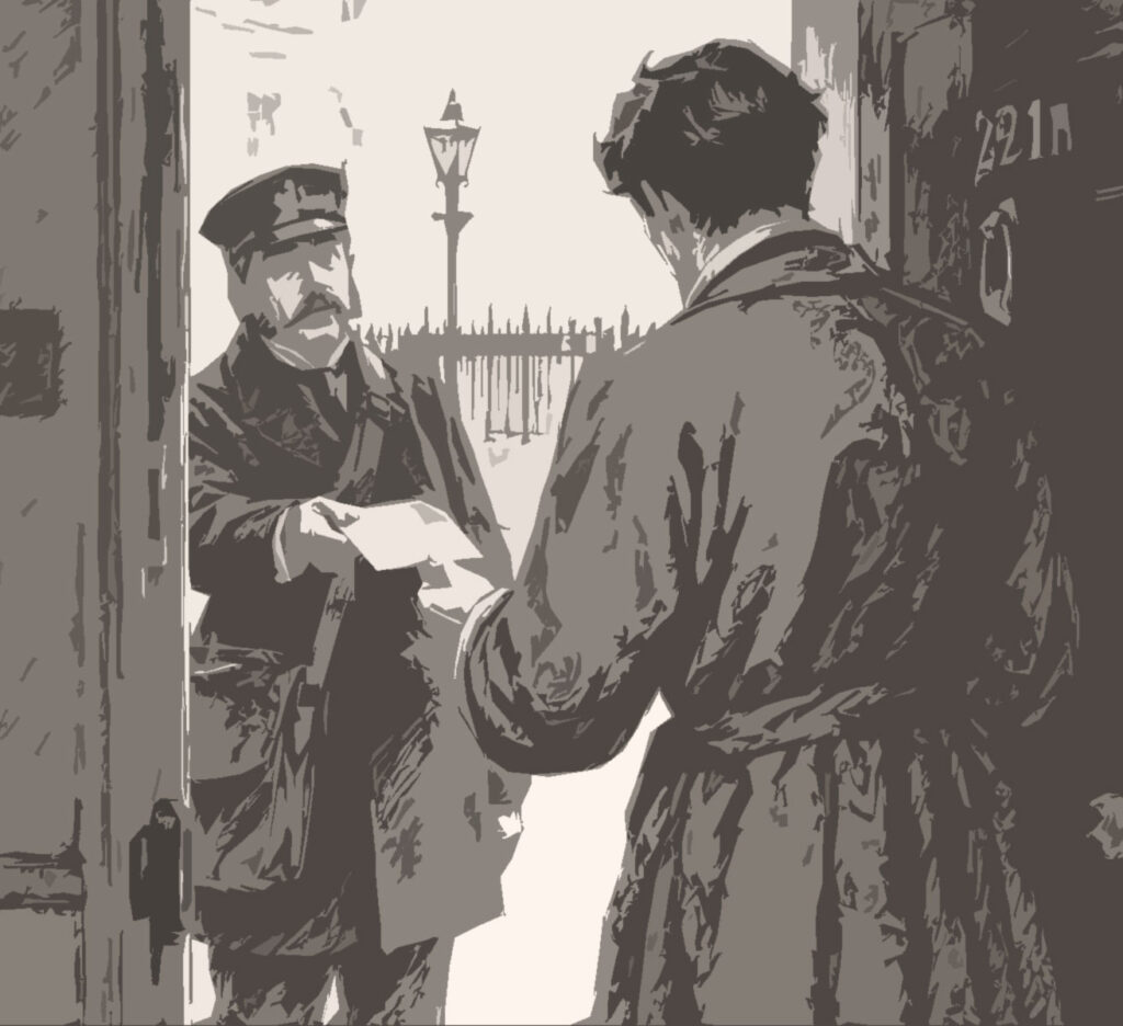 Sherlock Holmes von hinten im Mantel an der Tür von 221B Baker Street, wo ihm ein viktorianischer Briefträger einen Brief überreicht. Monochrome, grafisch abstrahierte Illustration. Urheber: KI-generiert, manuell überarbeitet