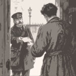 Sherlock Holmes von hinten im Mantel an der Tür von 221B Baker Street, wo ihm ein viktorianischer Briefträger einen Brief überreicht. Monochrome, grafisch abstrahierte Illustration. KI-generiert, manuell überarbeitet