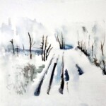 Landschaft mir Fahrspuren im Schnee